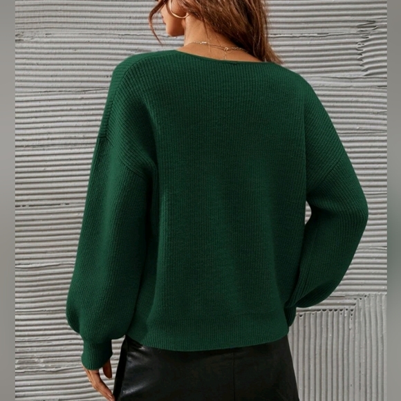 New Ribbed Knit Bishop Sleeve Sweater Top V Neck Dark Green - Picture 4 of 8